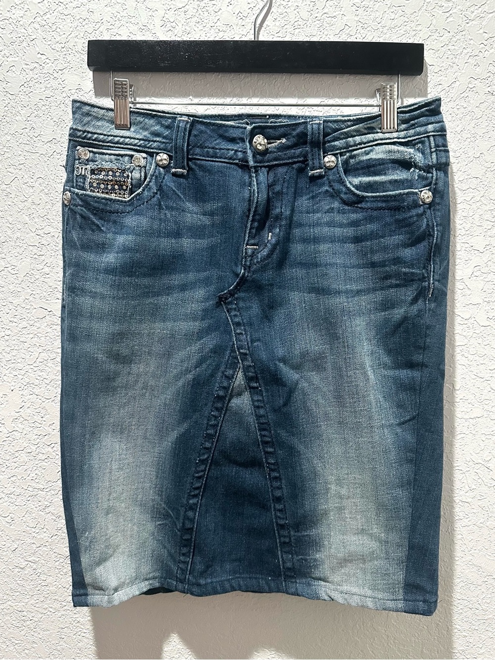 REPURPOSED Miss Me Blue Washed Denim Skirt with Embellished Pockets size 29